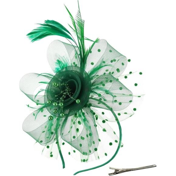 Women's Feather Mesh Flower Fascinator with Headband Green - Picture 1 of 5